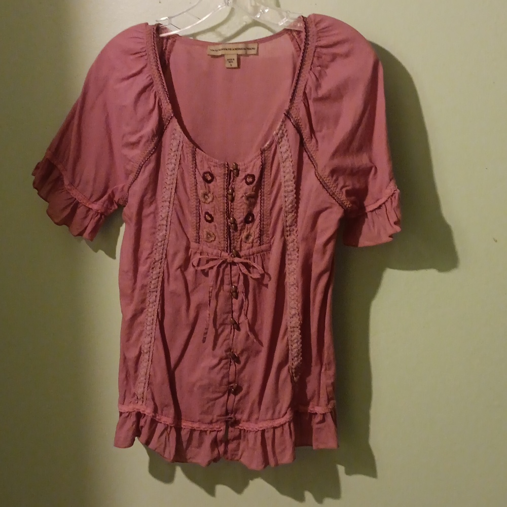 Pink, short sleeve, peasant blouse, small, wood buttons.